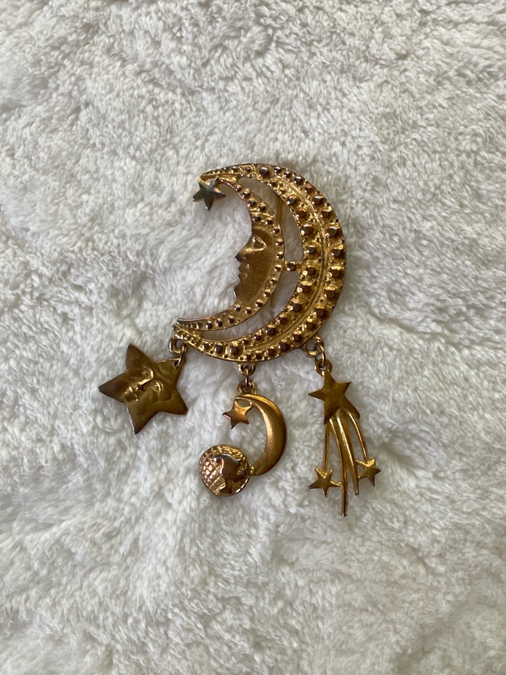 Vintage Celestial Gold Moon and Stars Dangle Brooch
